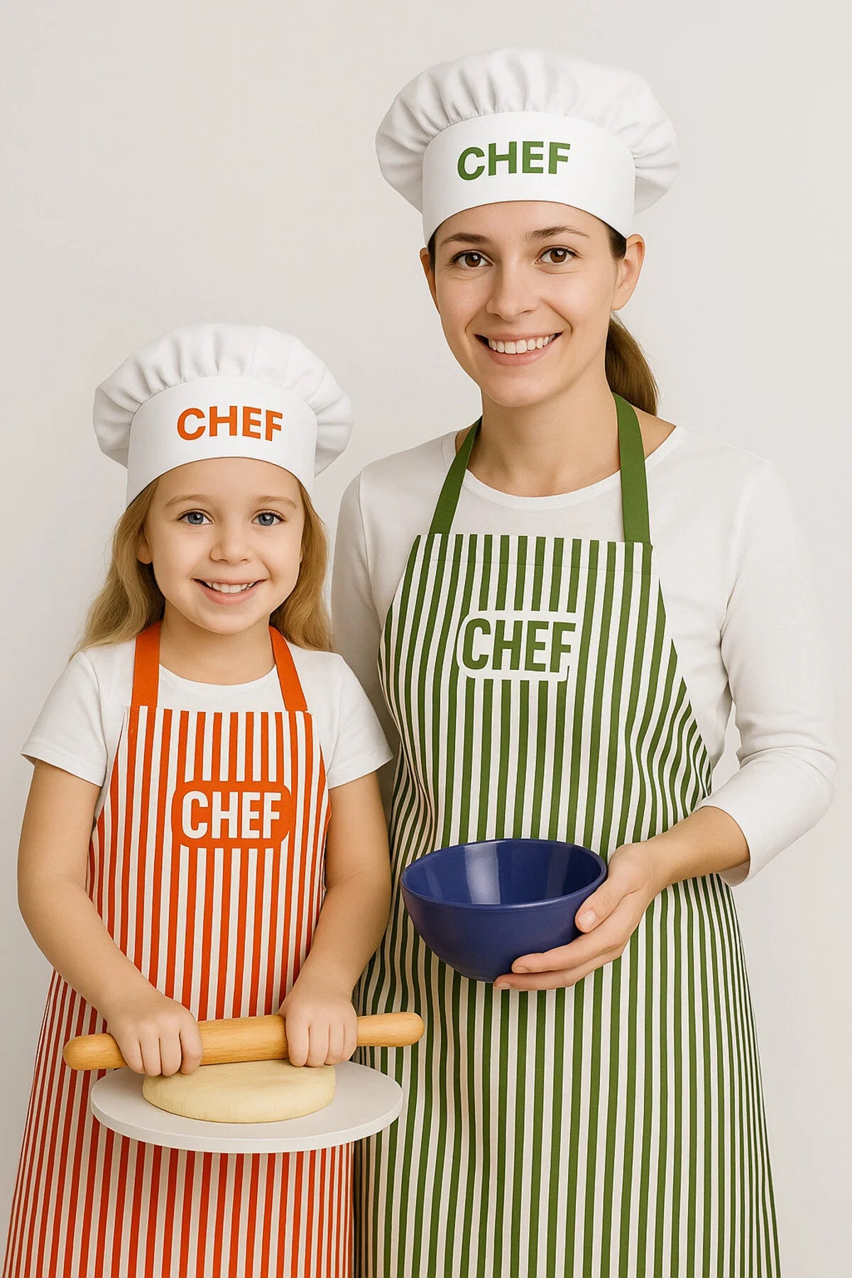 AYSHome Çizgili Şapkalı Anne Çocuk Mutfak Önlüğü Seti