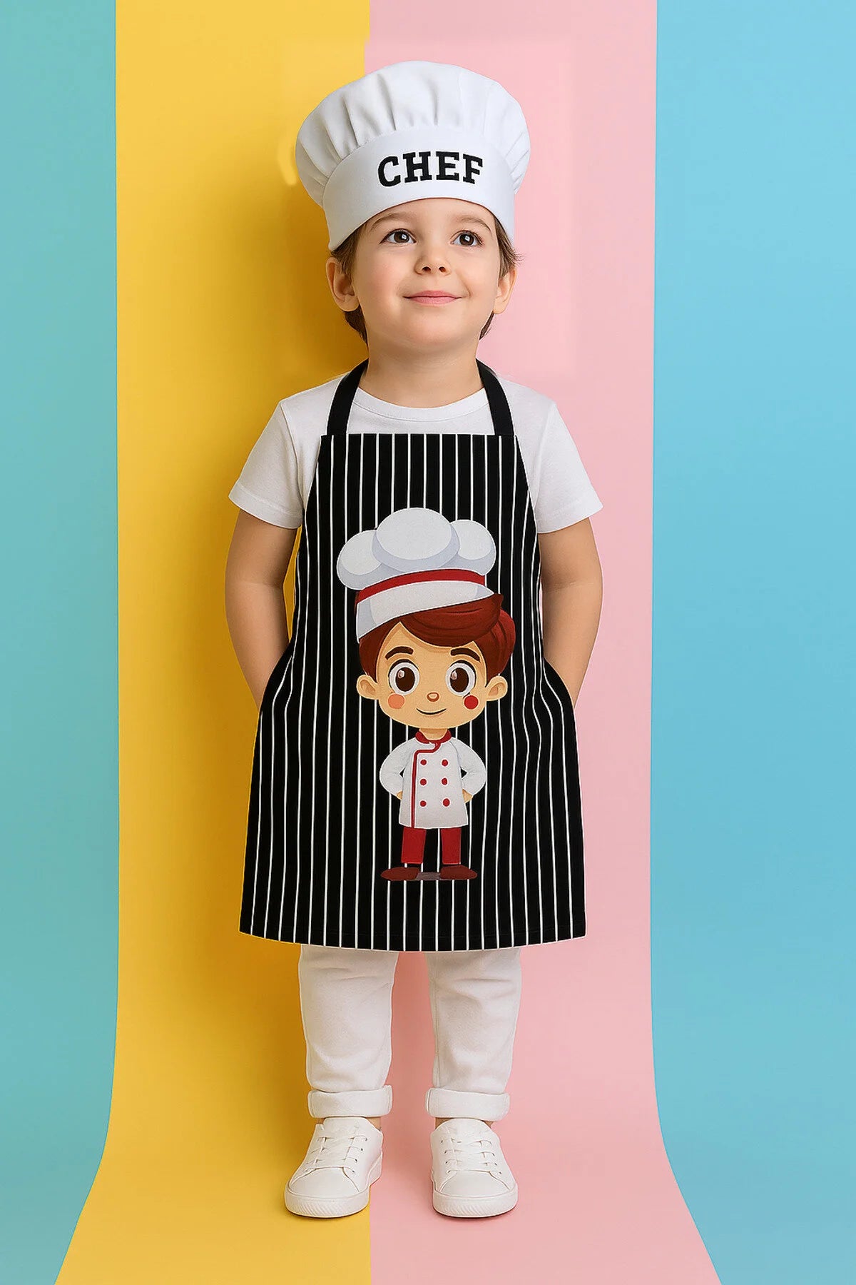 AYSHome Erkek Çocuk Siyah Beyaz Çizgili Aşçı Önlüğü Seti