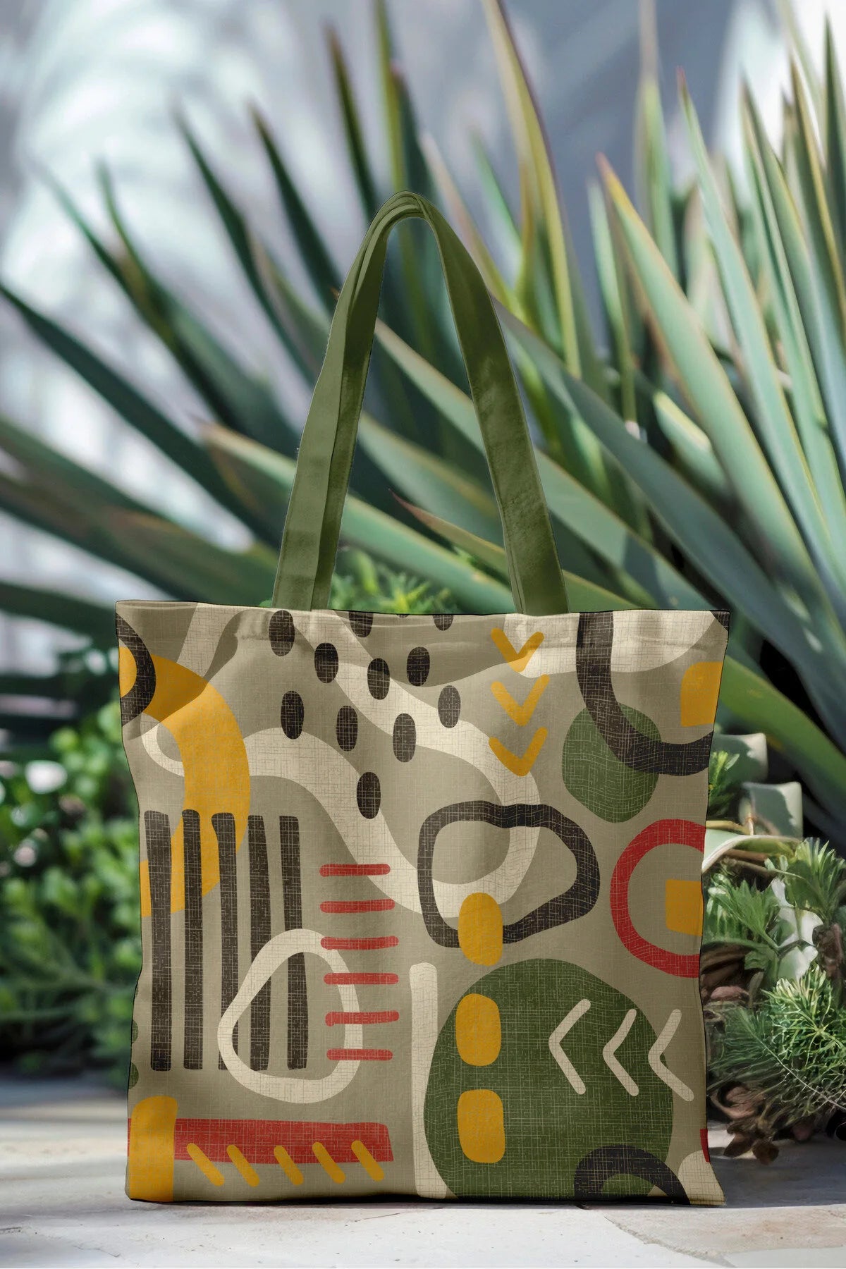 Ays Home Haki Soyut Desenli Baskılı Fermuarlı Bez Plaj Alışveriş Çantası