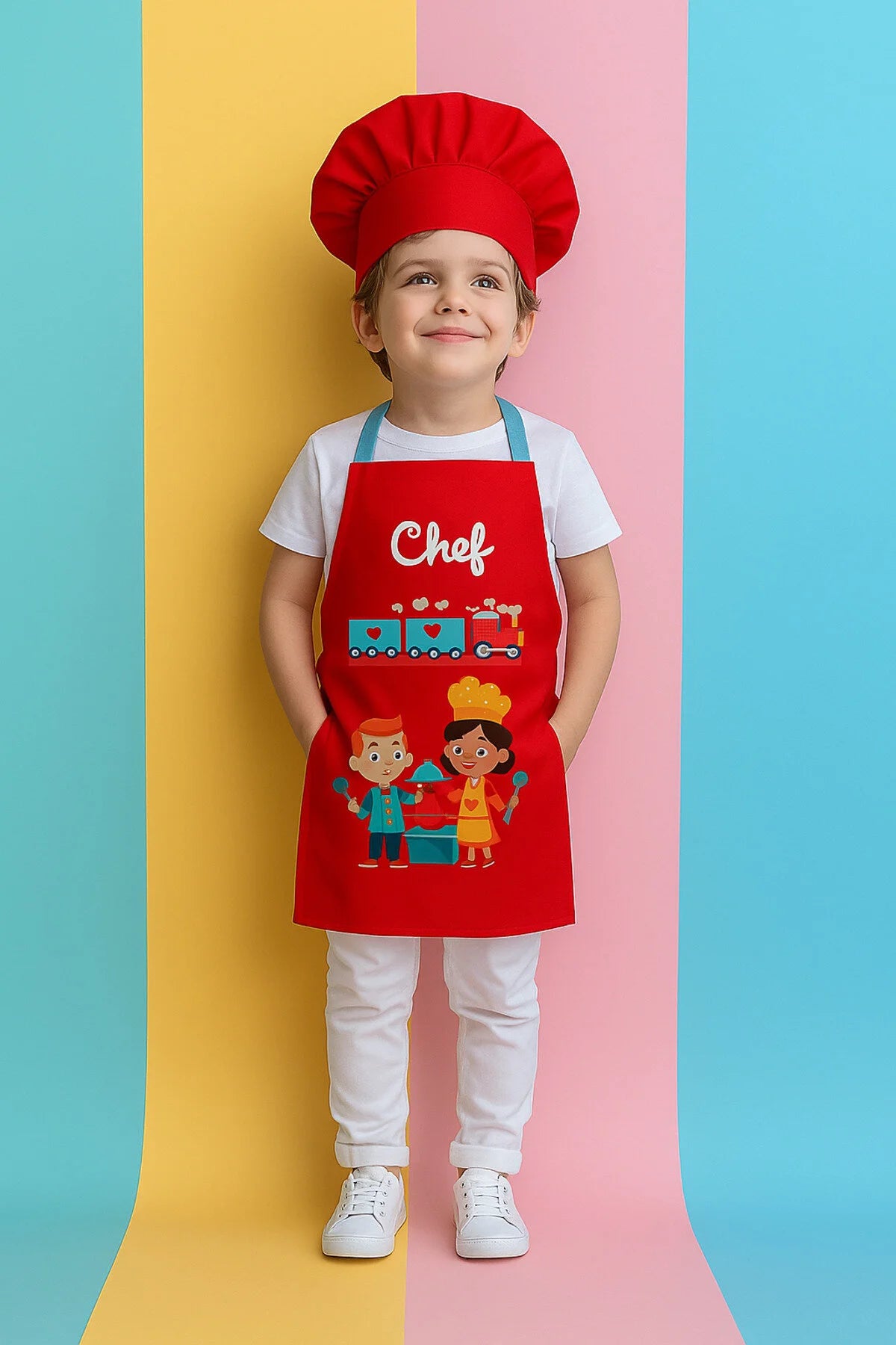 AYSHome Kırmızı Trenli Çocuk Mutfak Önlüğü Seti
