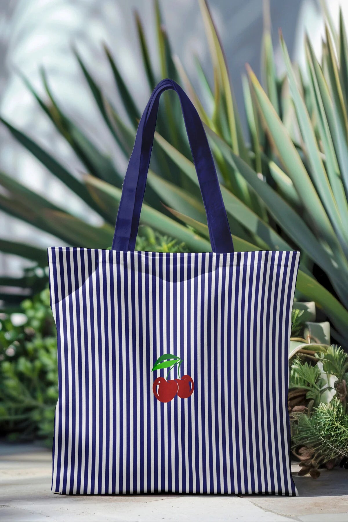 Ays Home Lacivert Çizgili Kiraz Desenli Yıkanabilir Fermuarlı Bez Plaj Alışveriş Çantası