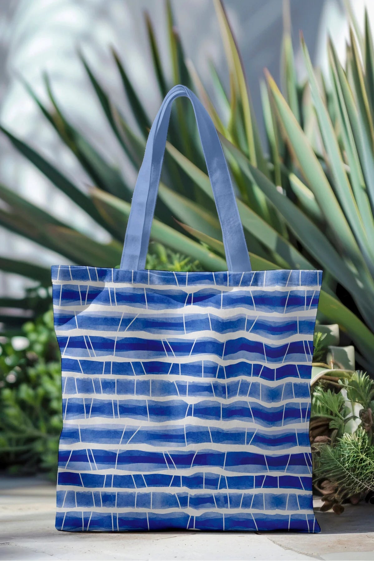 Ays Home Mavi Çizgili Baskılı Fermuarlı Bez Plaj Alışveriş Çantası