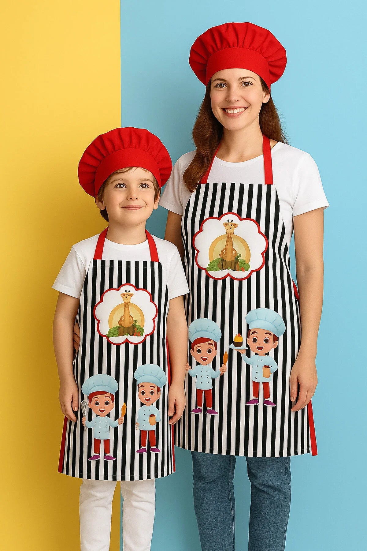 AYSHome Siyah Çizgili Anne Çocuk Mutfak Önlüğü