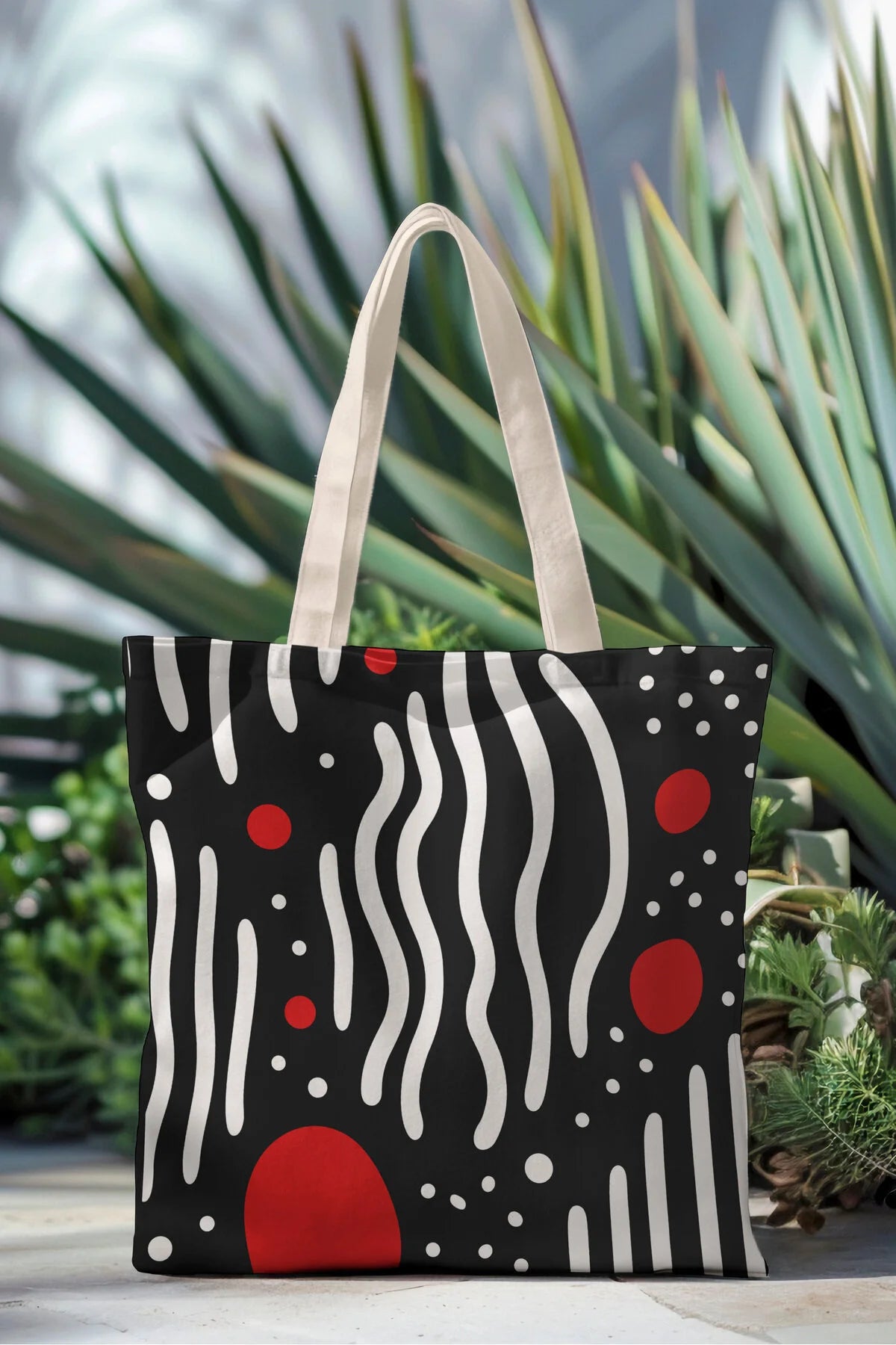 Ays Home Siyah Kırmızı Soyut Desenli Yıkanabilir Bez Plaj Alışveriş Çantası