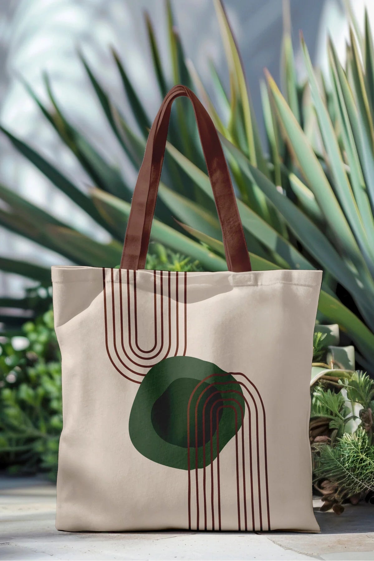 Ays Home Yeşil Krem Soyut Desen Baskılı Fermuarlı Bez Plaj Alışveriş Çantası