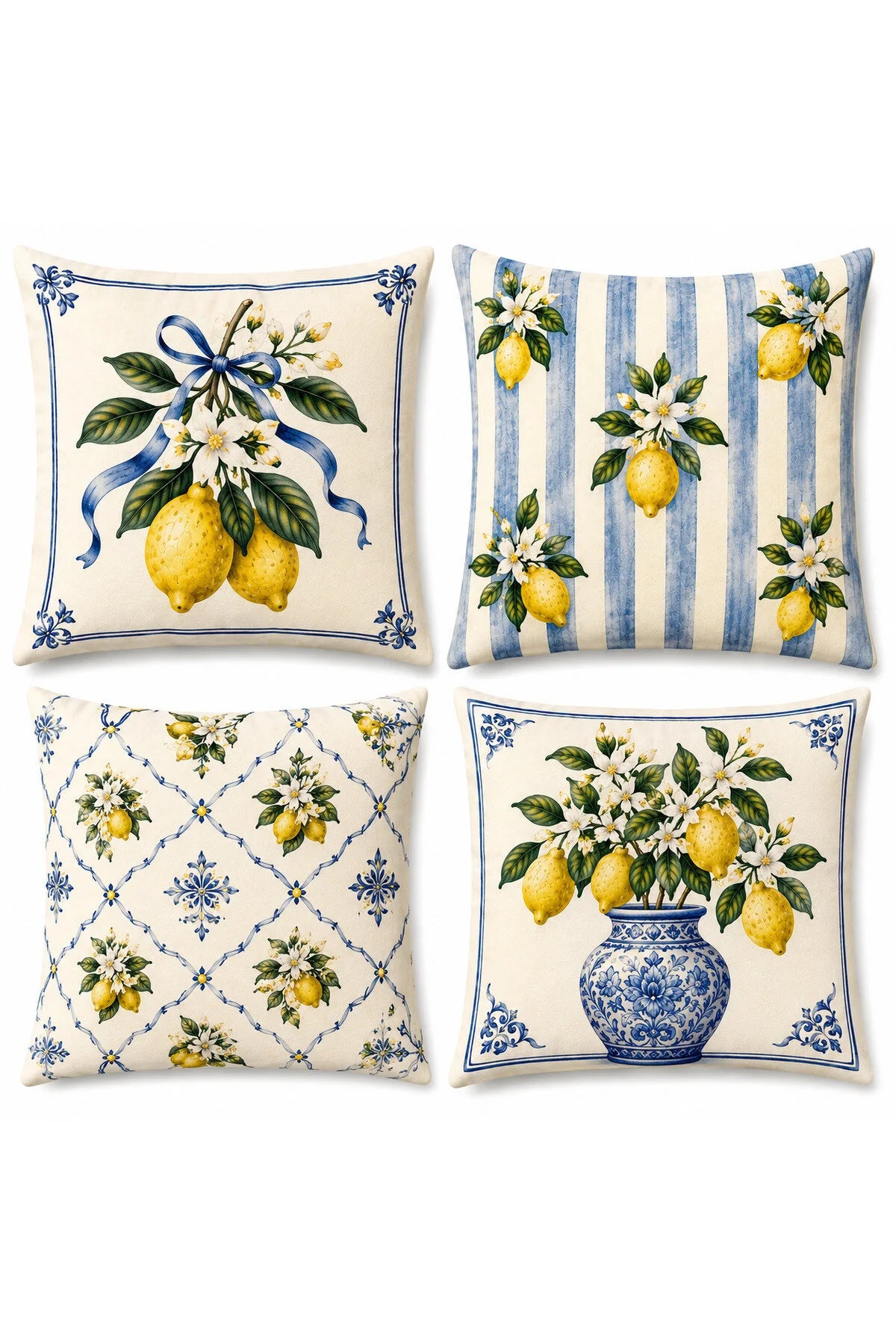 AYSHome Mavi Çini Limon Desen 4'Lü Kırlent Kılıfı Seti