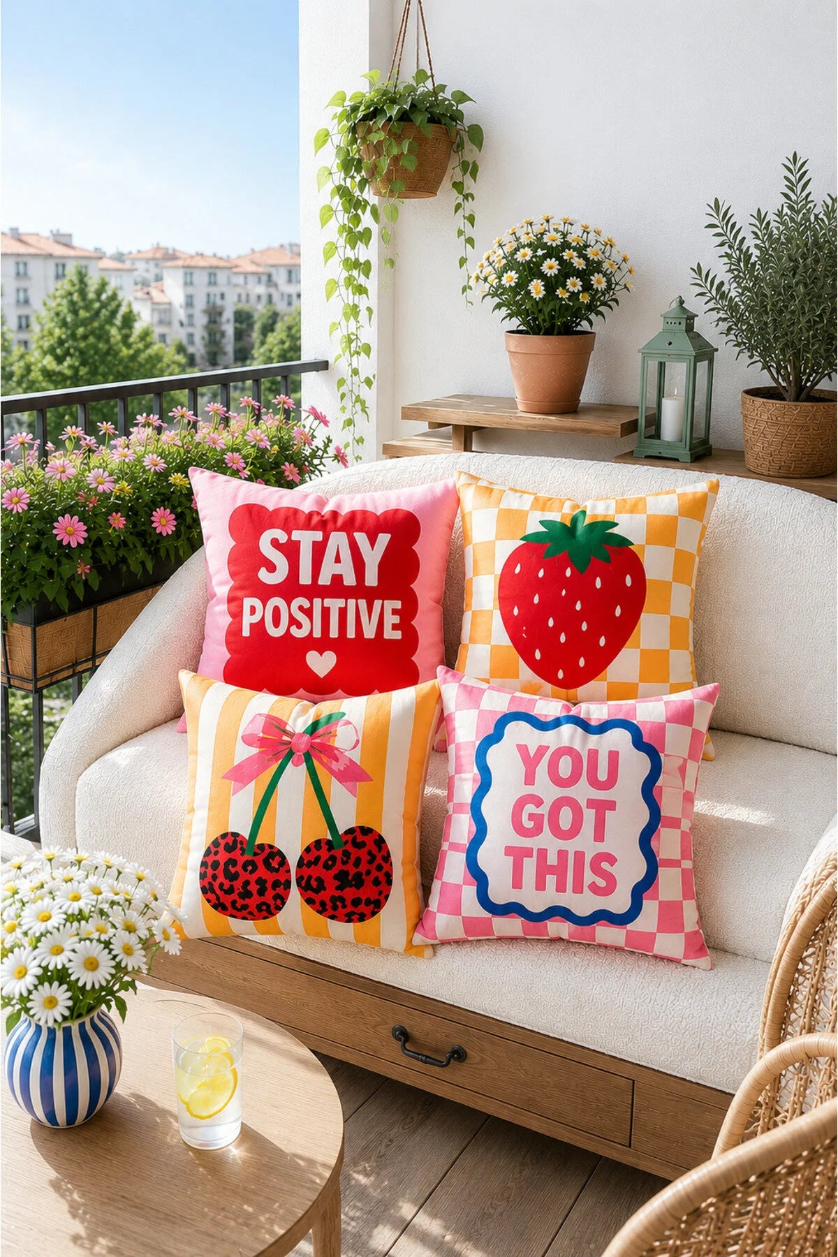 AYSHome Kiraz Desenli Pembe Sarı Ev Balkon Bahçe 4'Lü Kırlent Kılıfı Seti