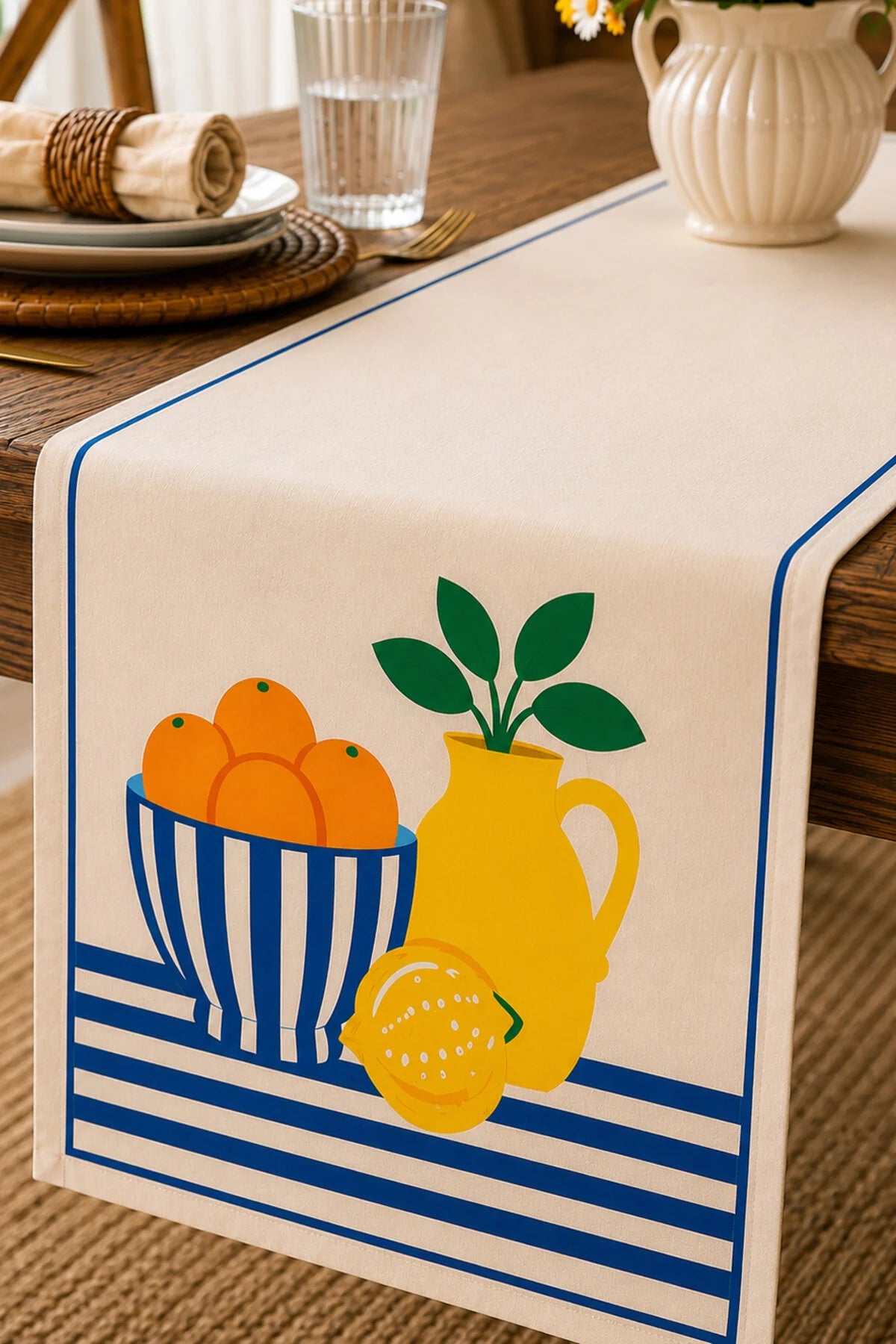Ays Home Lacivert Çizgili Limon Desen Runner