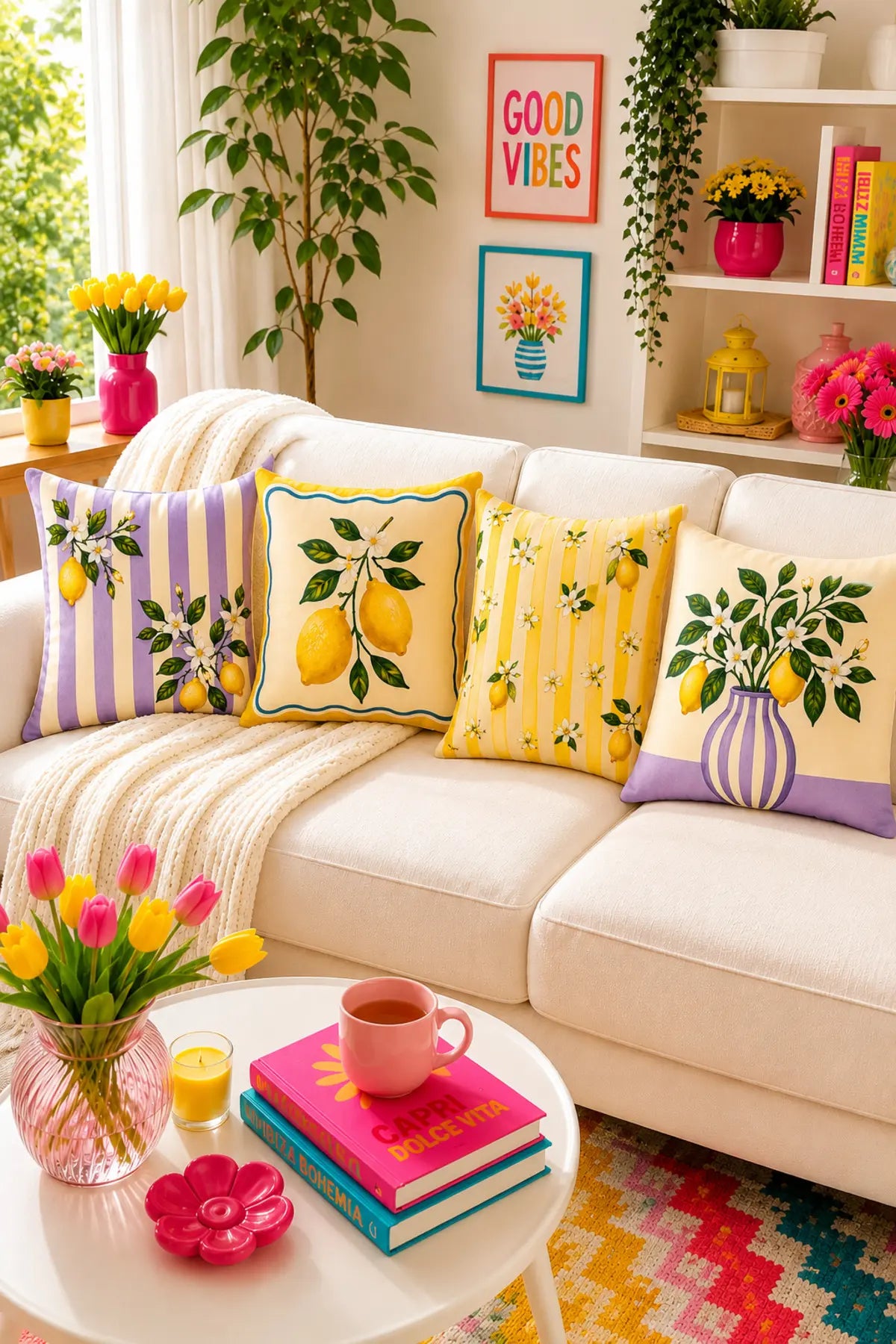AYSHome Limon Desenli Modern Dekoratif Balkon Bahçe Ev 4'Lü Yastık Kılıfı Seti