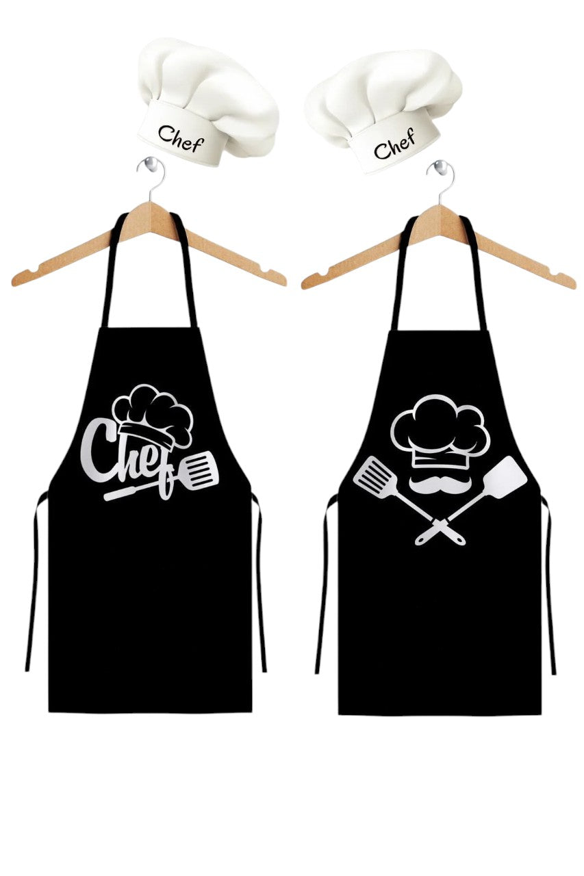 Ays Home Black Cook Chef Double Hat Kitchen Apron Set (2 Hats 2 Aprons)