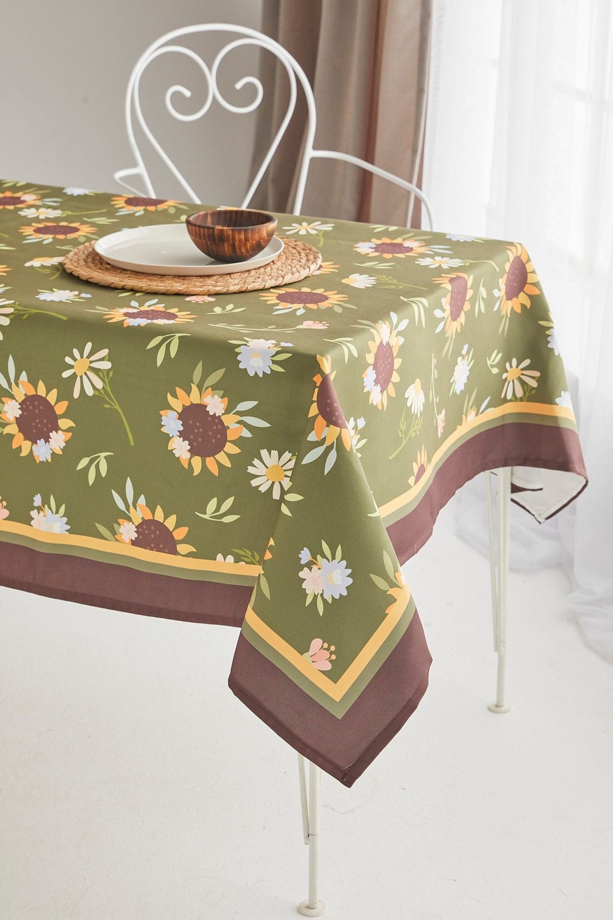 Ays Home Yeşil Ayçiçeği Desen Kumaş Yemek Masası Örtüsü