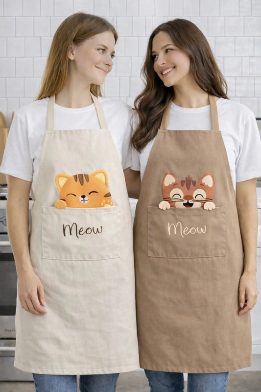 Ays Home Krem Taba Kedi Baskılı Cepli 2'Li Mutfak Önlüğü Seti