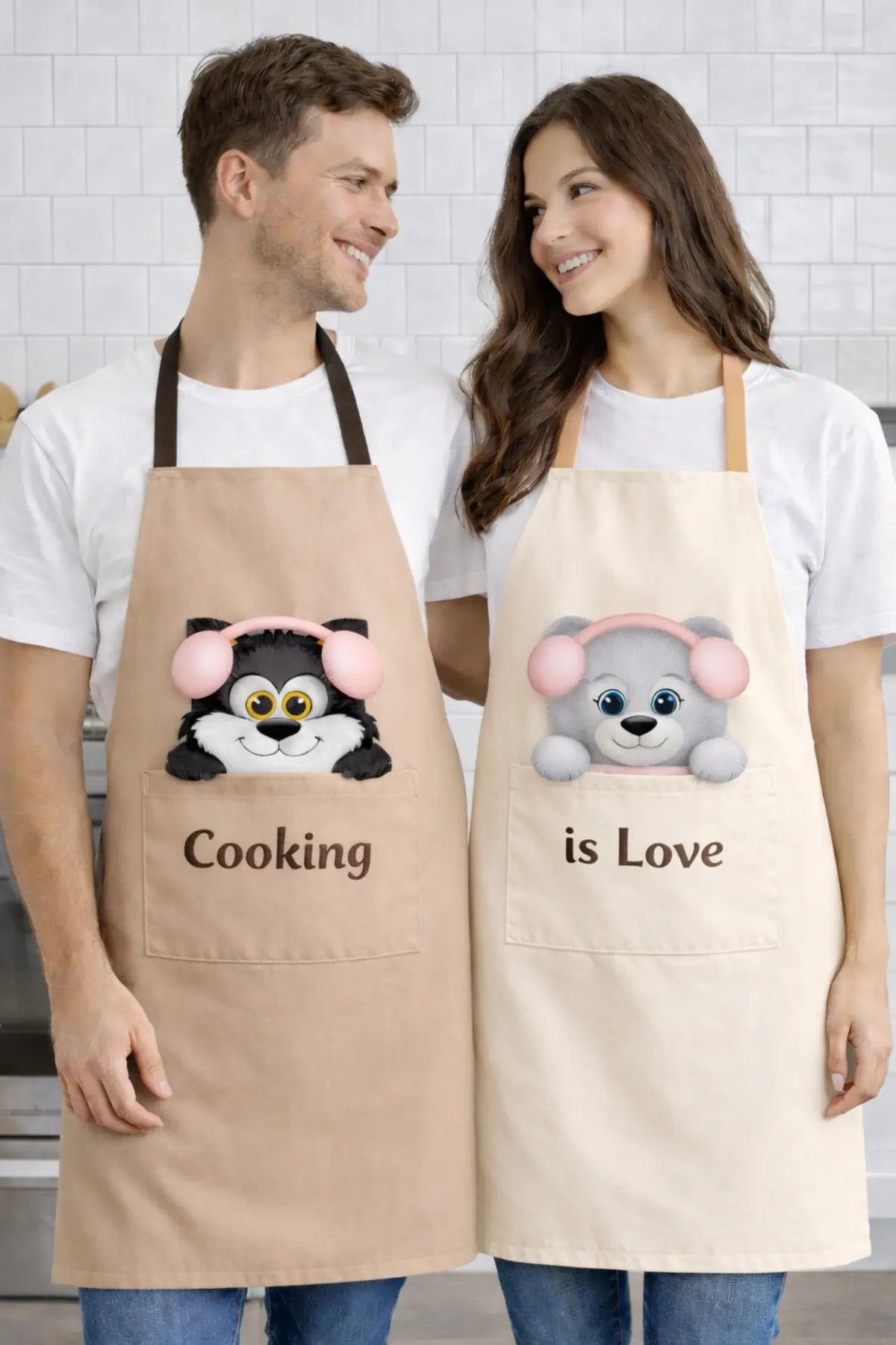 Ays Home Ayıcık Baskılı Cepli 2'Li Mutfak Önlüğü Seti