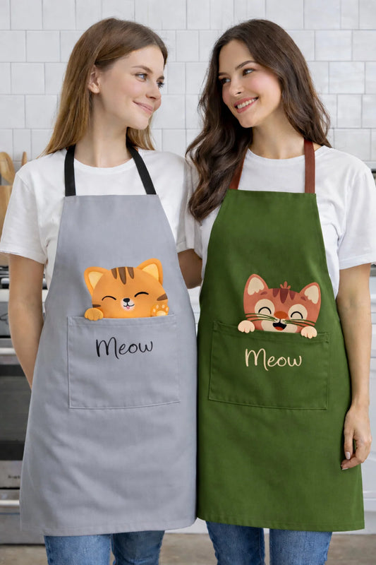 Ays Home Kedi Basklı Cepli 2'Li Mutfak Önlüğü Seti