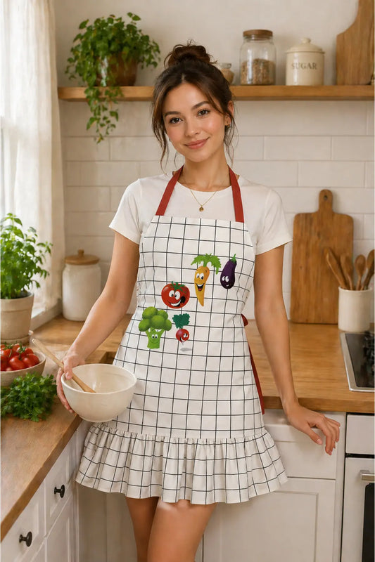 Ays Home Ekru Kareli Fırfırlı Kadın Mutfak Önlüğü