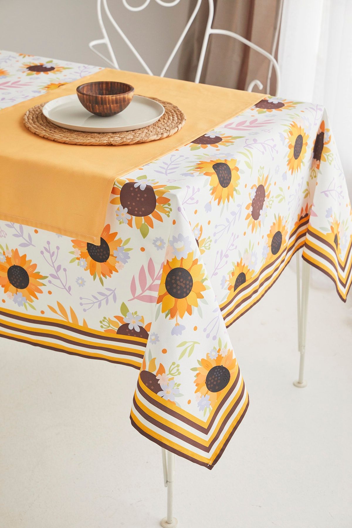 Ays Home Sarı Ayçiçeği Desen Kumaş Yemek Masası Örtüsü Ve Sarı Runner