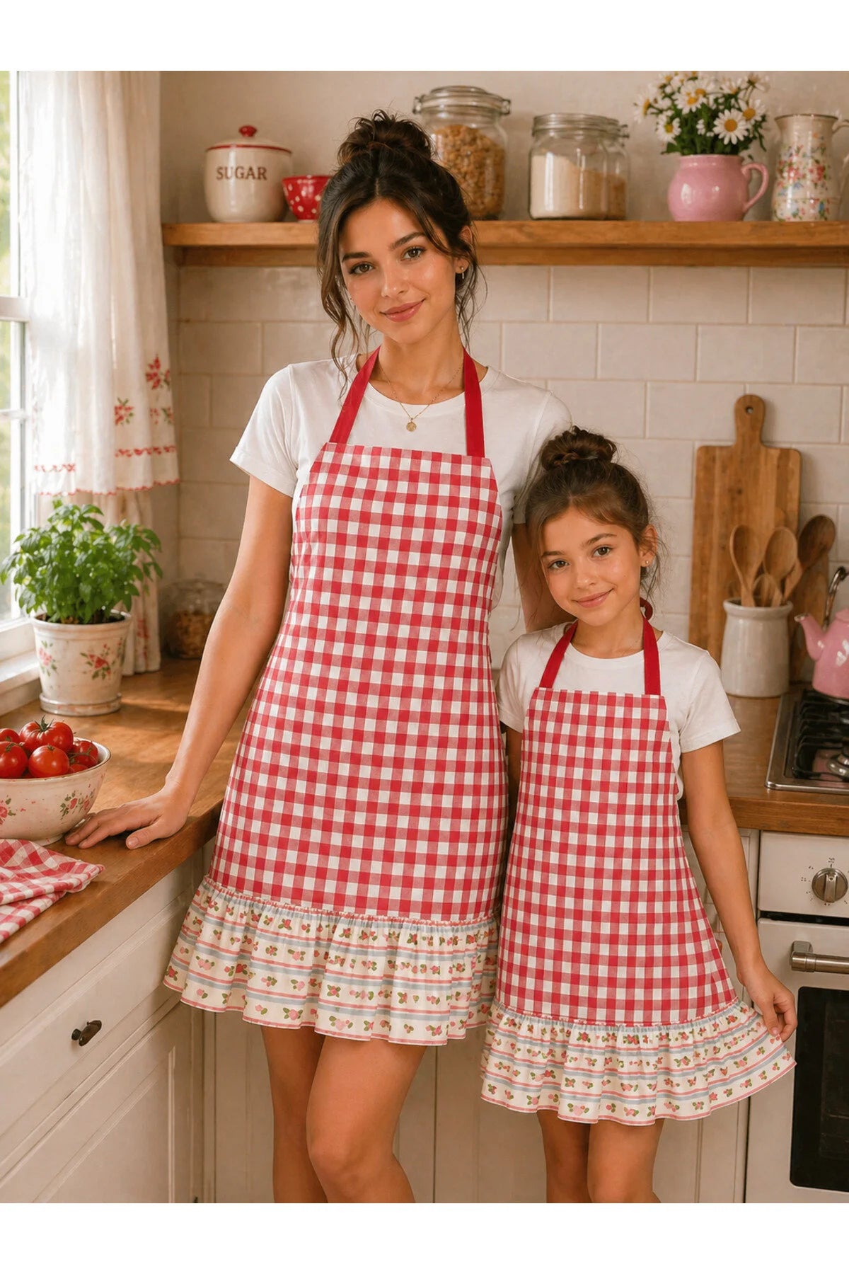 Ays Home Kırmızı Pötikareli Fırfırlı Anne Çocuk Mutfak Önlüğü