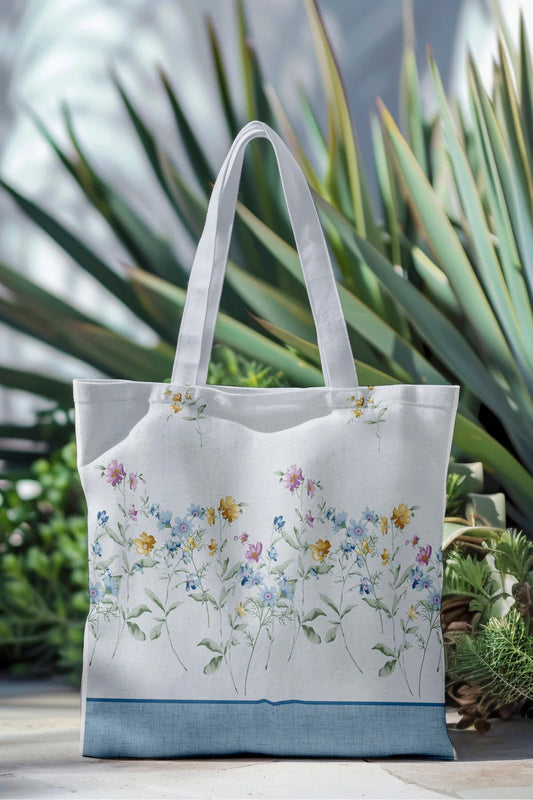 Ays Home Açık Mavi Çiçekli Yıkanabilir Fermuarlı Bez Plaj Alışveriş Çantası