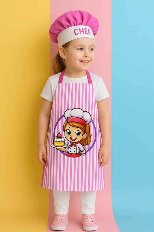 AYSHome Anaokulu Çocuk Pembe Çizgili Önlük Ve Şapka Seti