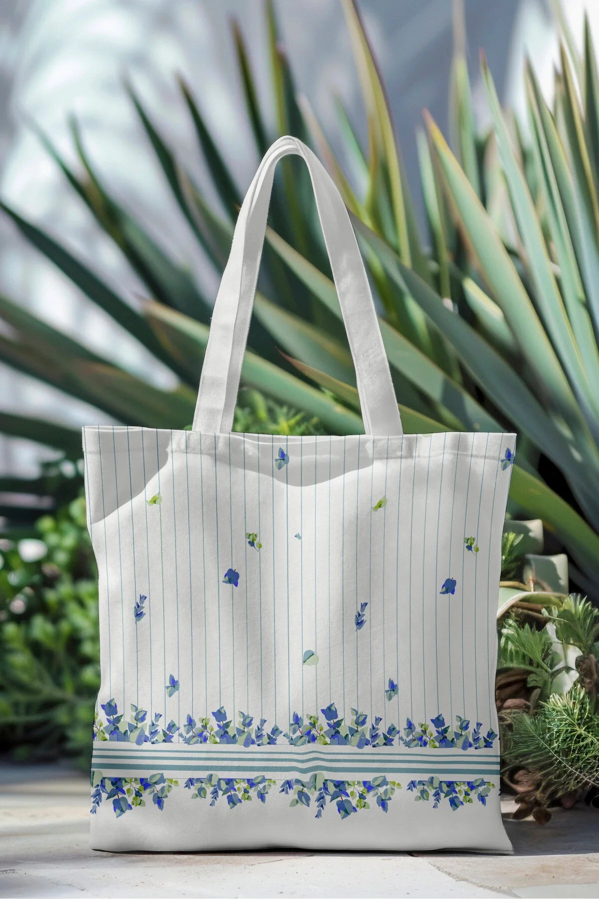 Ays Home Çizgili Çiçekli Baskılı Fermuarlı Bez Plaj Alışveriş Çantası