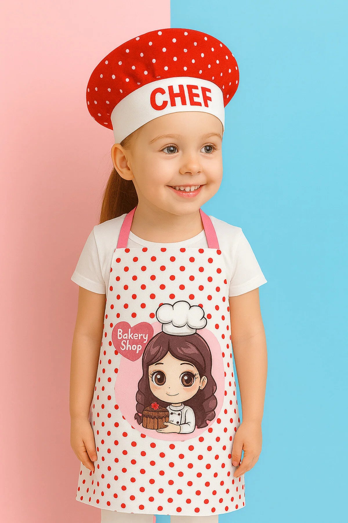 AYSHome Çocuk Puantiyeli Mutfak Önlüğü Ve Şapka