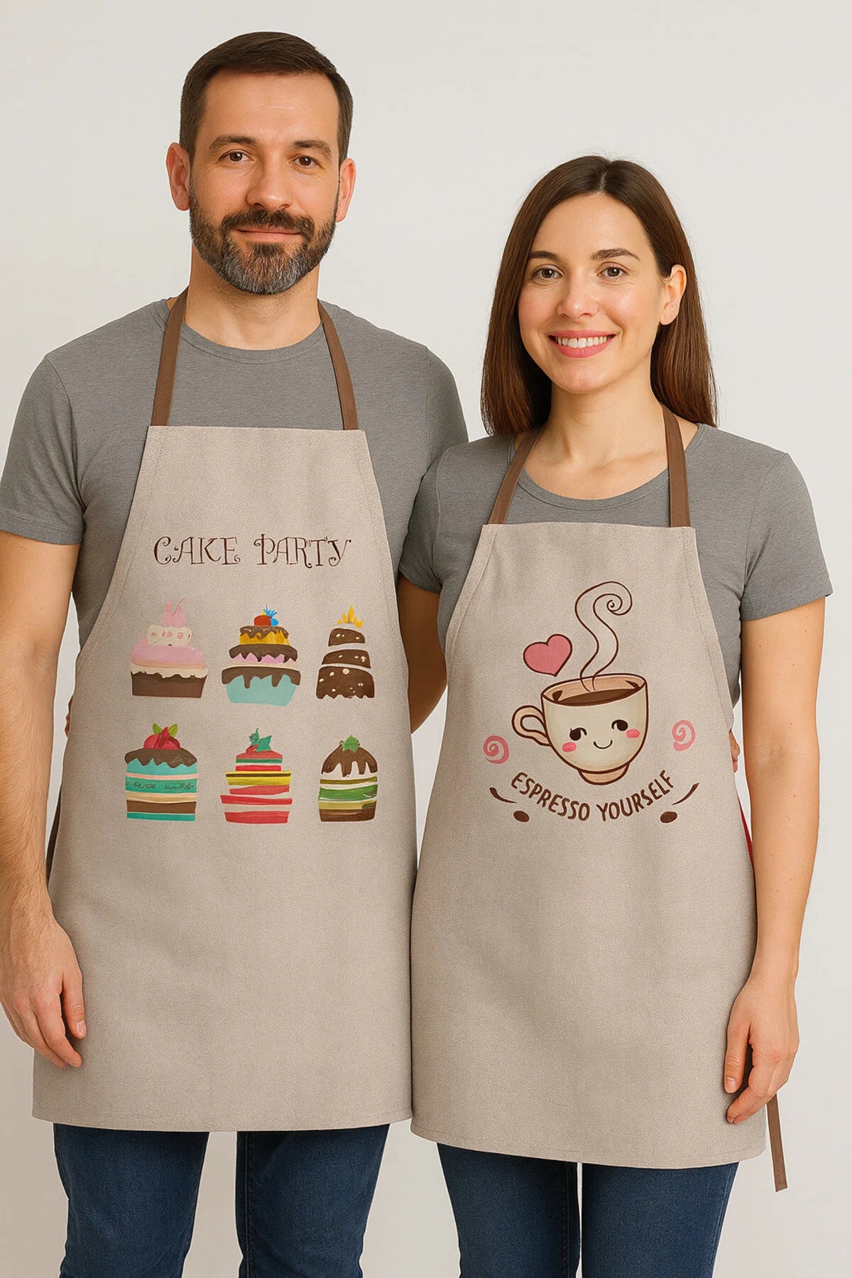 AYSHome Dijital Baskılı Keten Görünümlü 2'Li Mutfak Önlüğü Seti