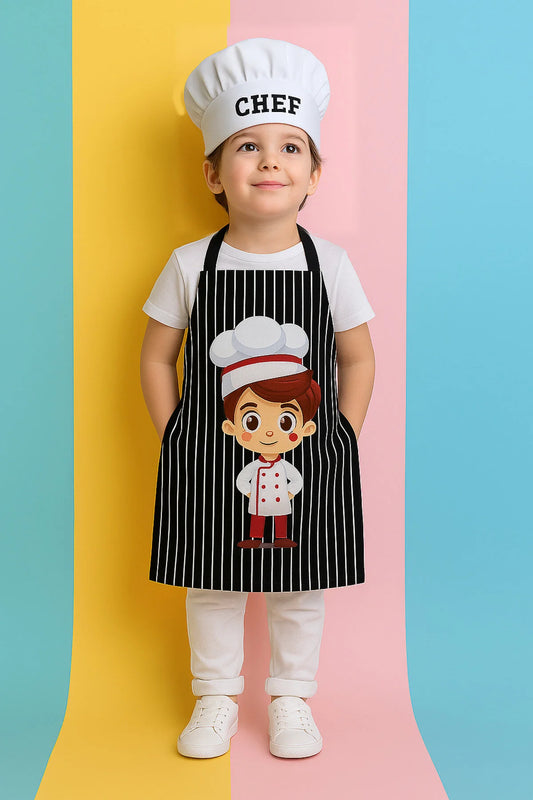 AYSHome Erkek Çocuk Siyah Beyaz Çizgili Aşçı Önlüğü Seti