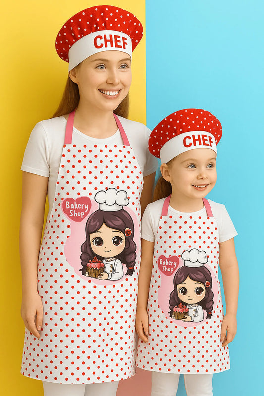 AYSHome Kırmızı Puantiyeli Anne Çocuk mutfak Önlüğü Seti
