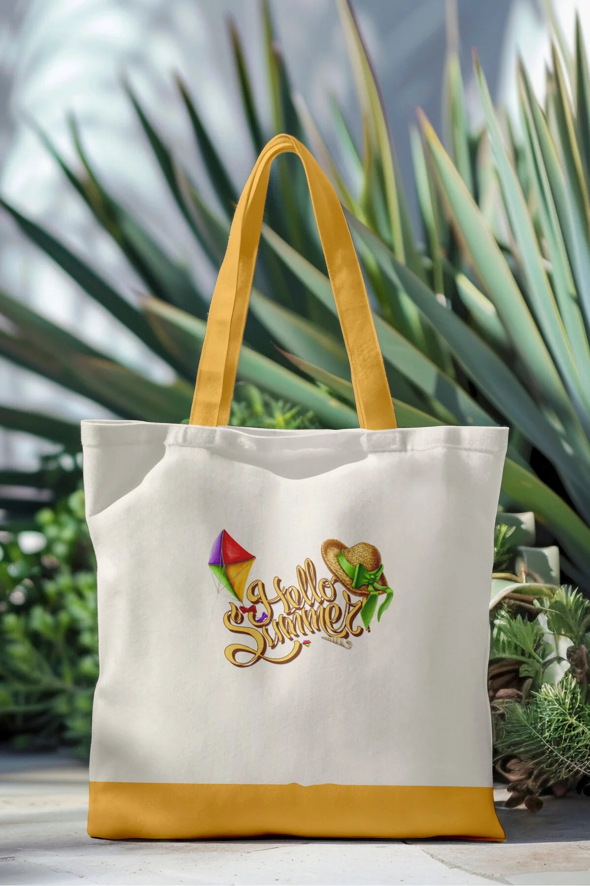 Ays Home Sarı Ekru Summer  Desenli Baskılı Fermuarlı Bez Plaj Alışveriş Çantası