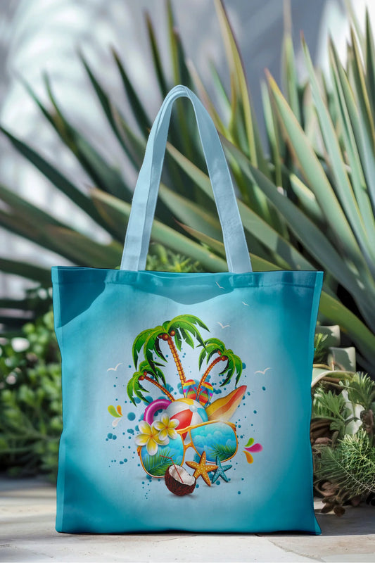 Ays Home Turkuaz Palmiye Desenli Yıkanabilir Fermuarlı Bez Plaj Çantası