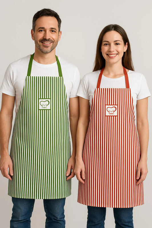 AYSHome Kiremit Yeşil Çizgili İkili Mutfak Önlüğü Seti