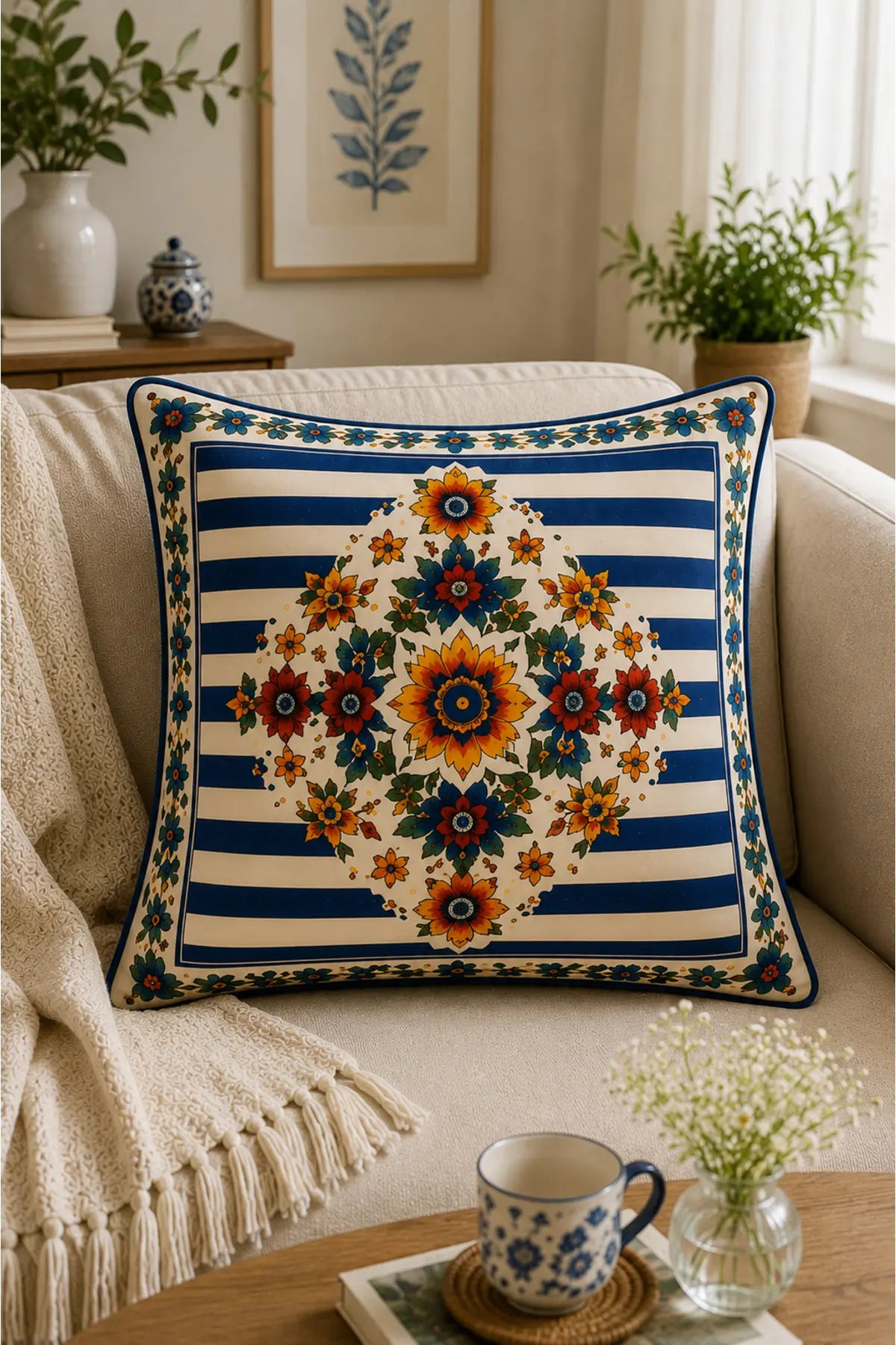 AYSHome Bohemian Evil Eye Floral 4'Lü Kırlent Kılıfı Seti