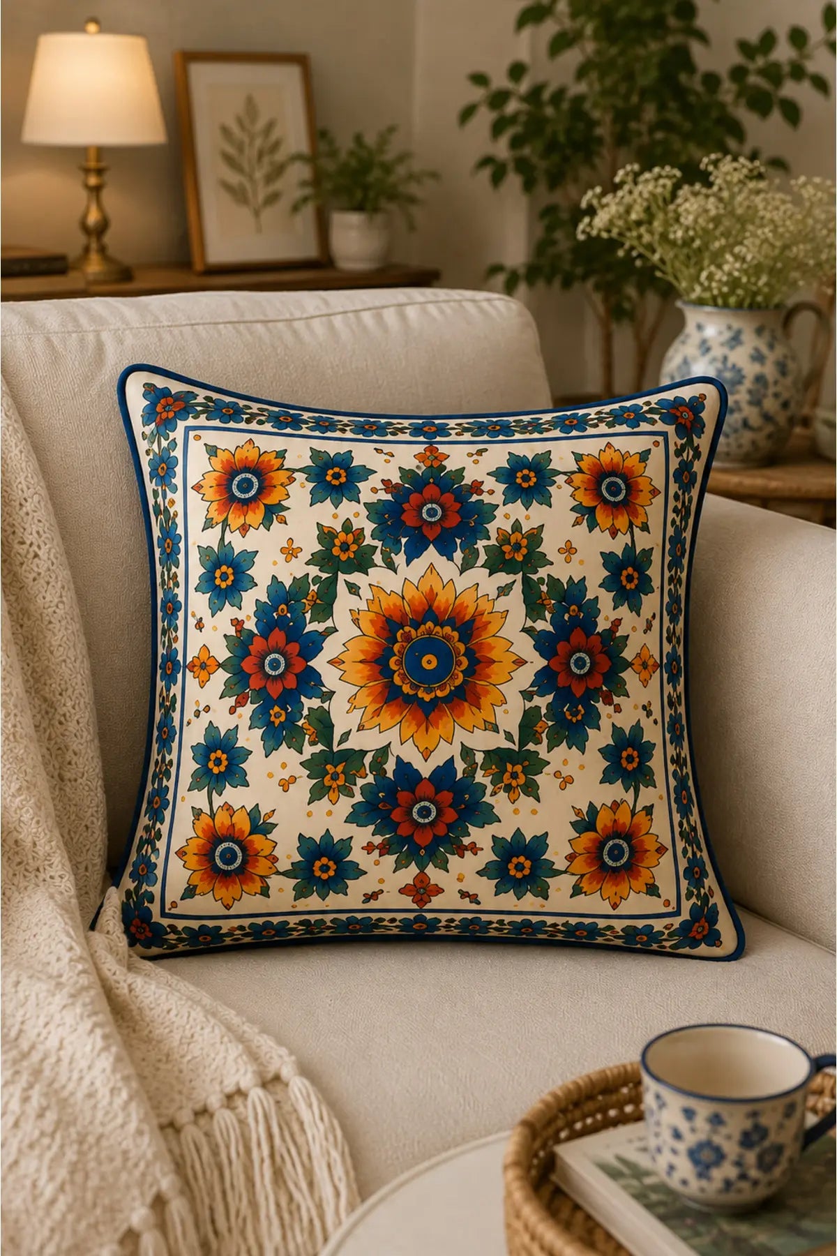 AYSHome Bohemian Evil Eye Floral 4'Lü Kırlent Kılıfı Seti