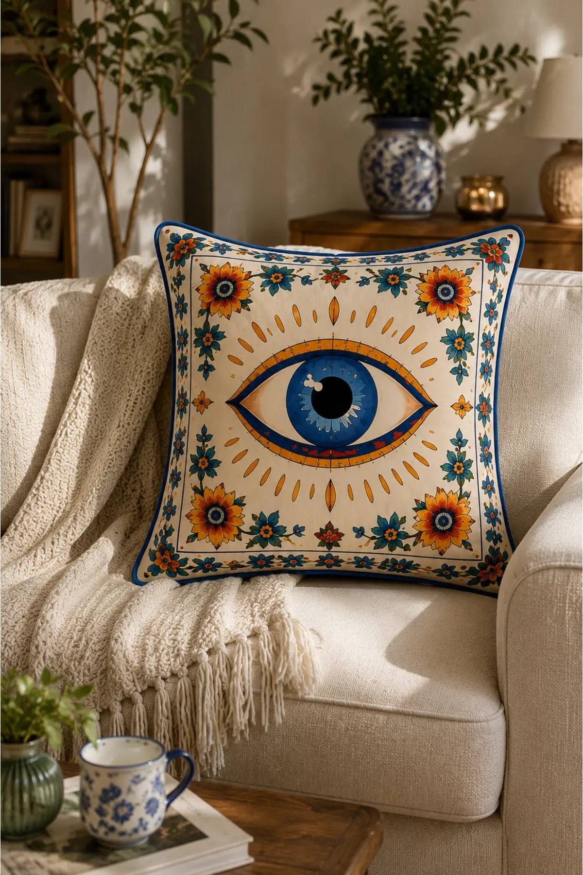 AYSHome Bohemian Evil Eye Floral 4'Lü Kırlent Kılıfı Seti