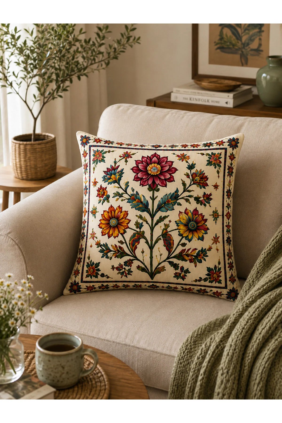 AYSHome Etnik Çiçek Desenli 4'Lü Kırlent Kılıfı Seti