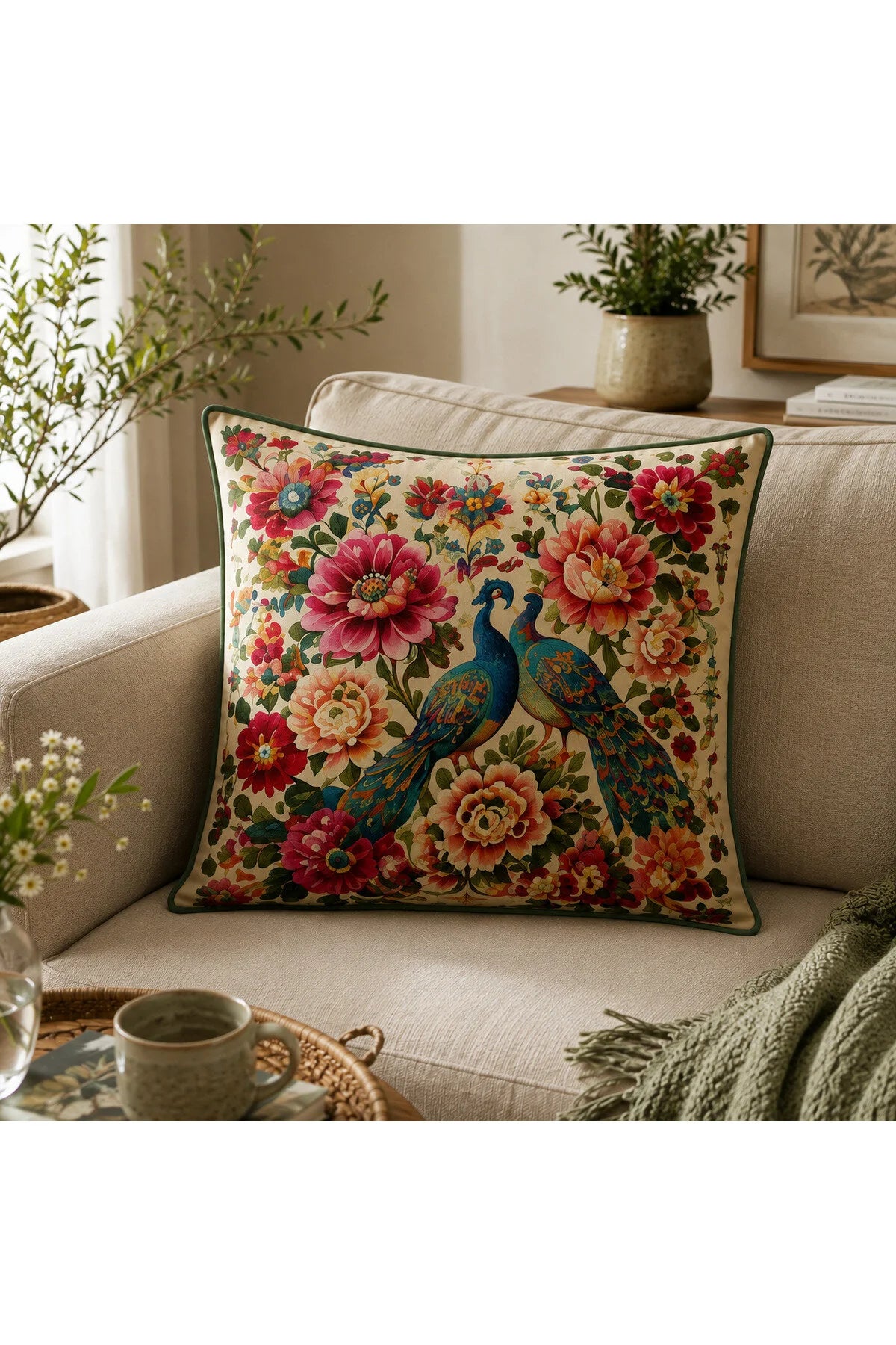 AYSHome Etnik Çiçek Desenli 4'Lü Kırlent Kılıfı Seti