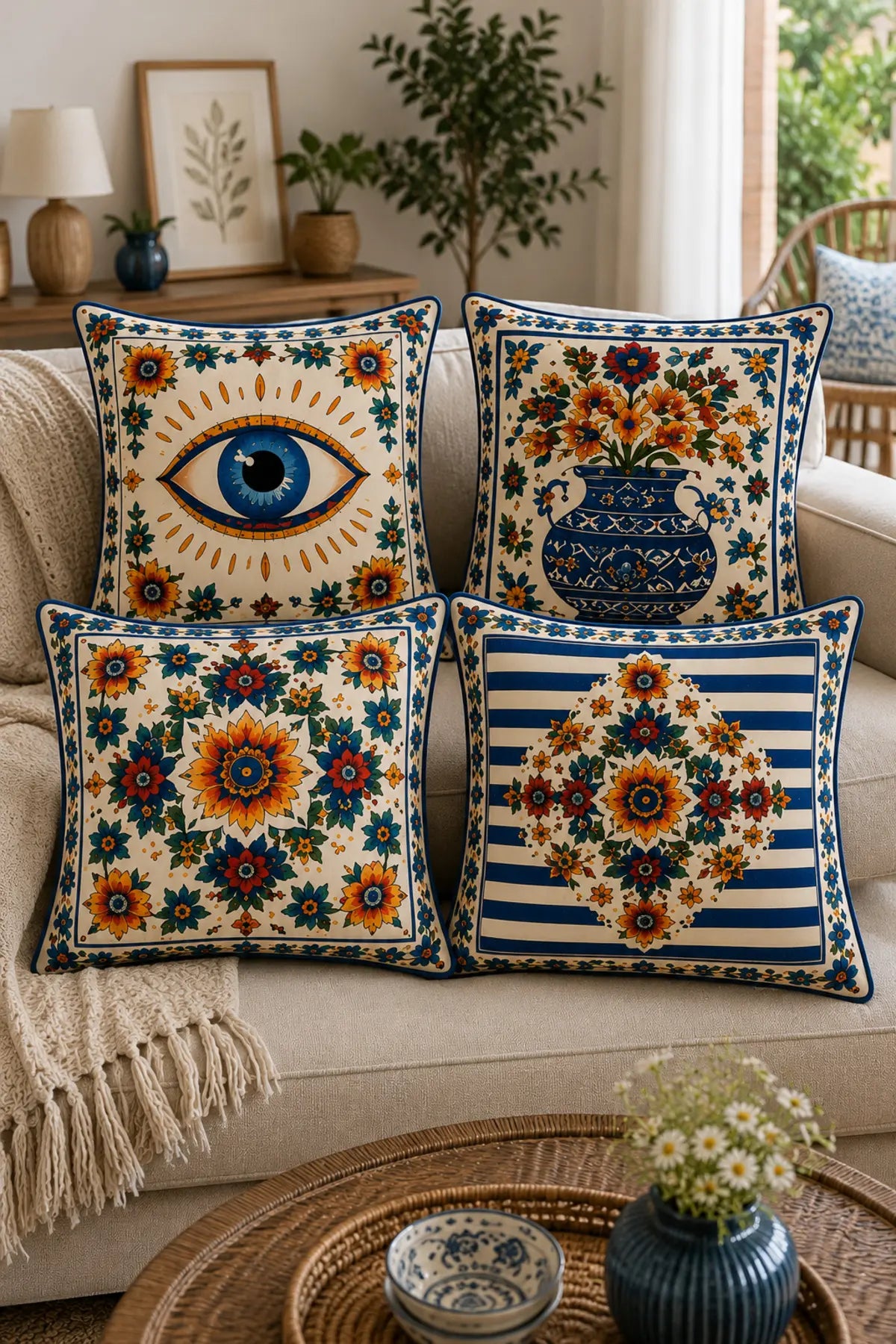 AYSHome Bohemian Evil Eye Floral 4'Lü Kırlent Kılıfı Seti