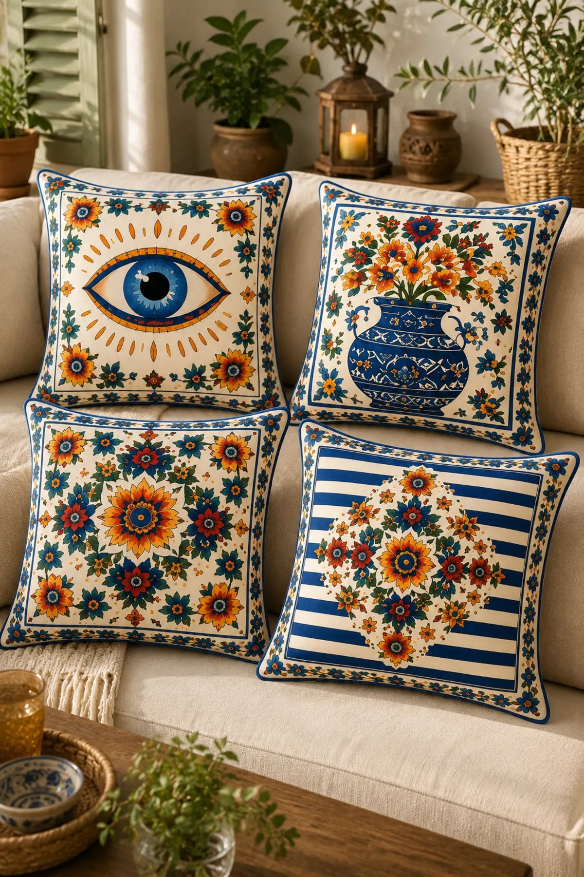 AYSHome Bohemian Evil Eye Floral 4'Lü Kırlent Kılıfı Seti