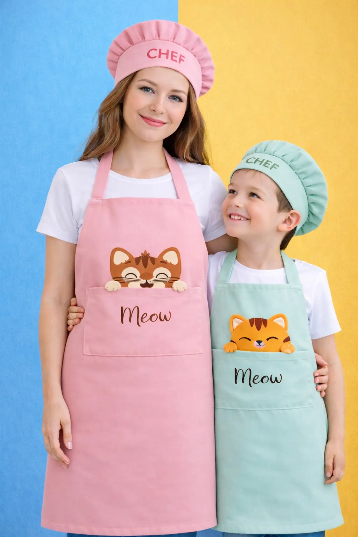 Ays Home Şapkalı Pudra/Mint Kedi Şef Anne Çocuk Mutfak Önlüğü