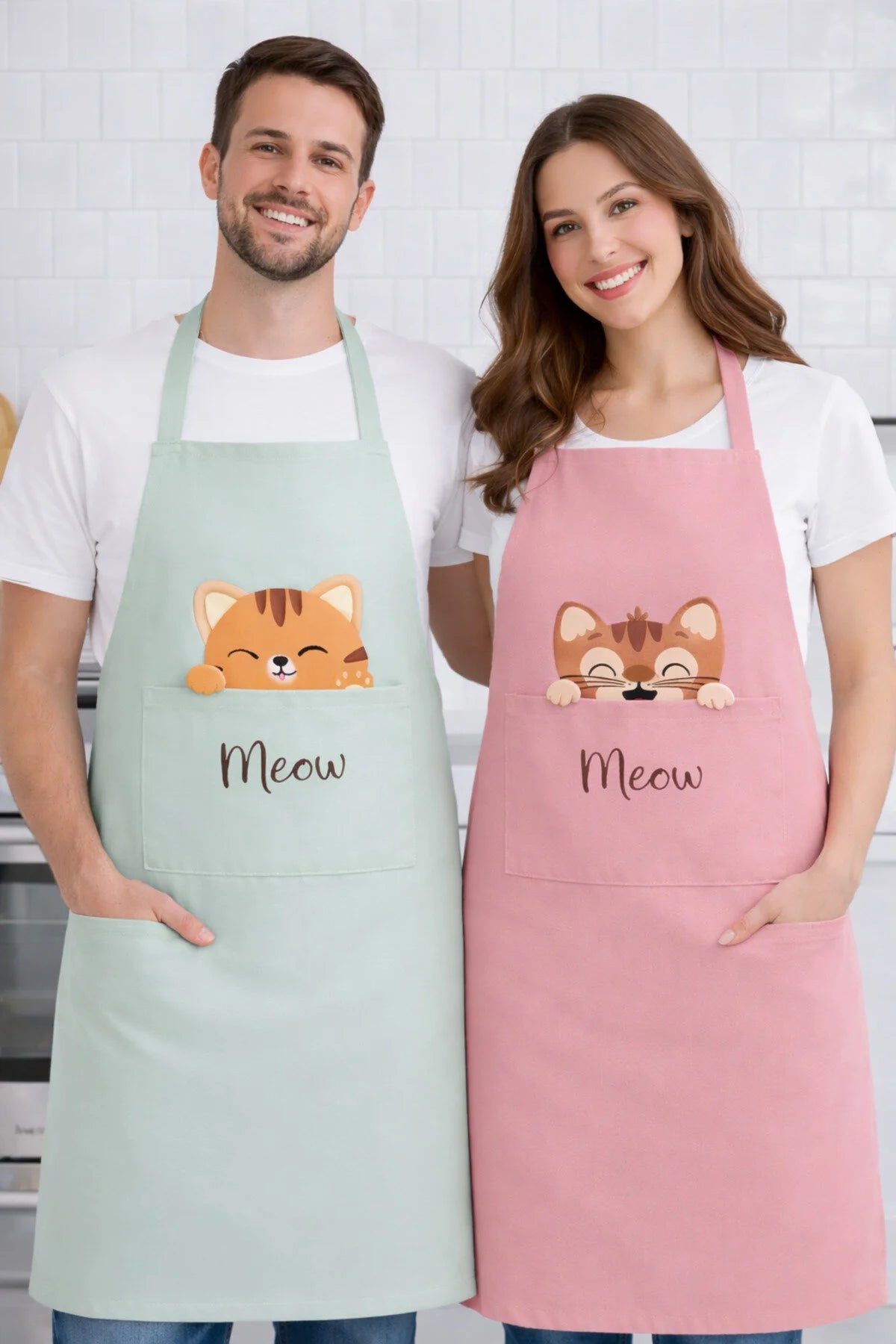 Ays Home Mint Pudra Cepli 2'Li Kedi Baskılı Mutfak Önlüğü Seti