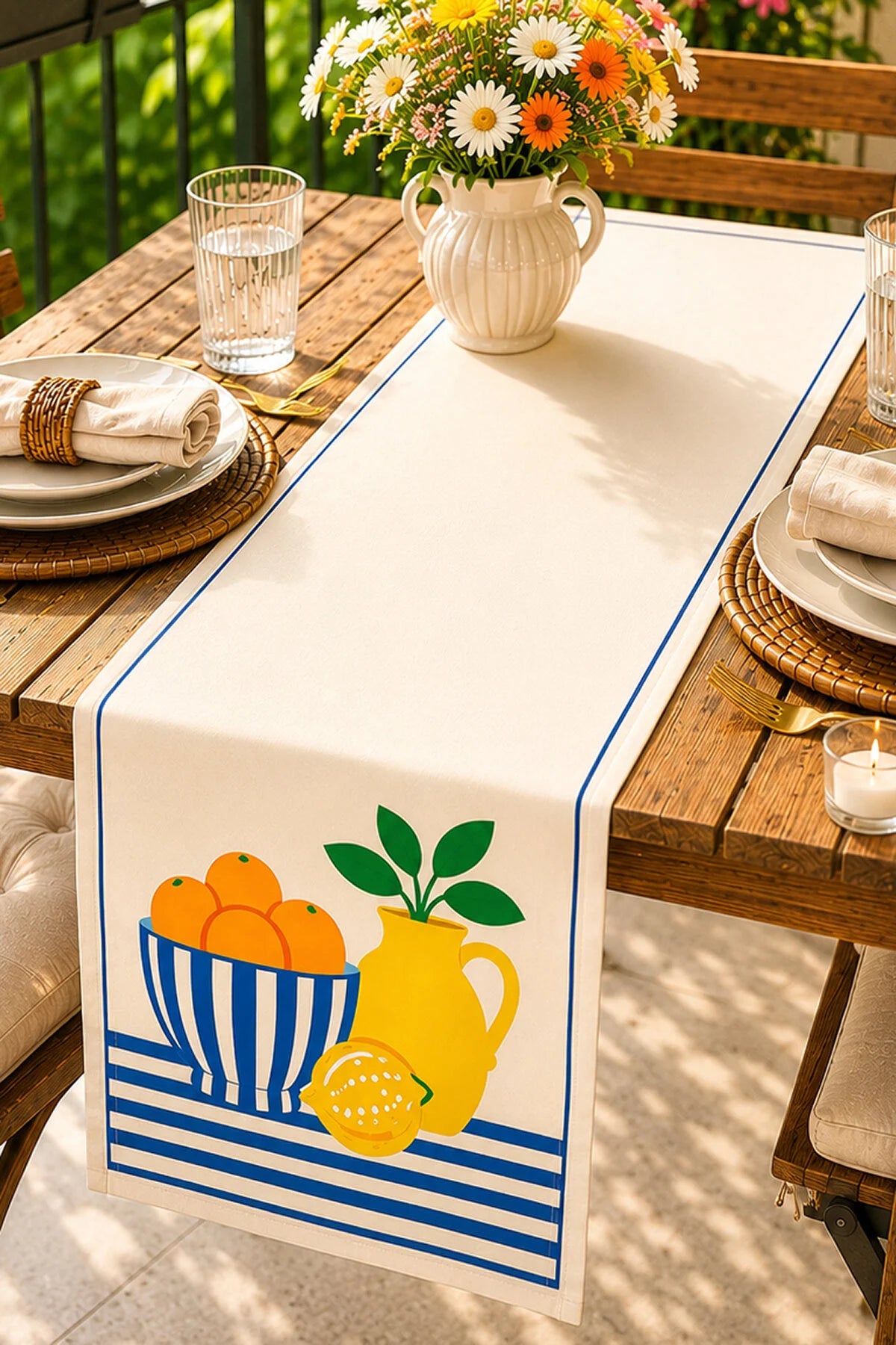 Ays Home Lacivert Çizgili Limon Desen Runner
