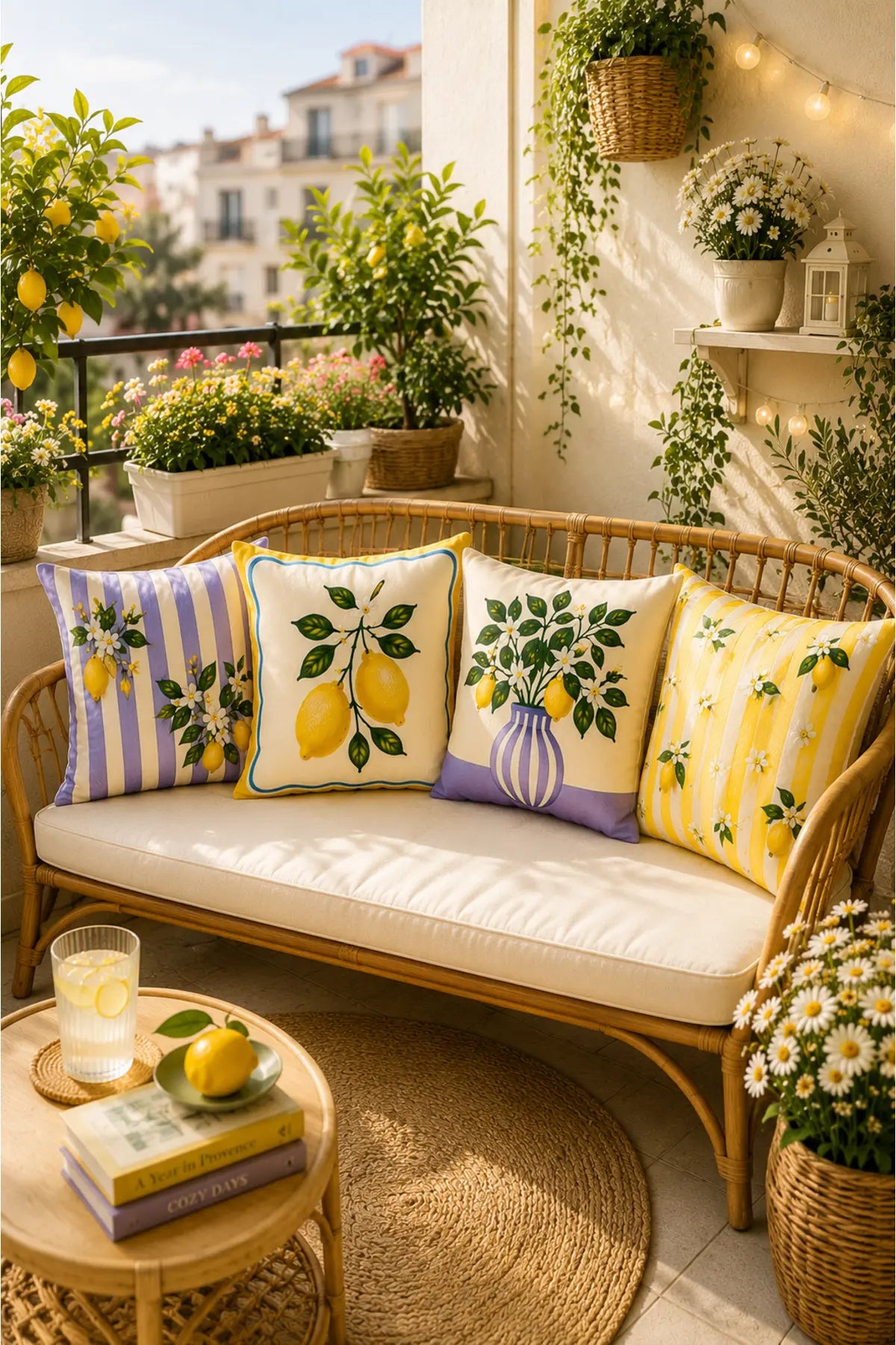 AYSHome Limon Desenli Modern Dekoratif Balkon Bahçe Ev 4'Lü Yastık Kılıfı Seti