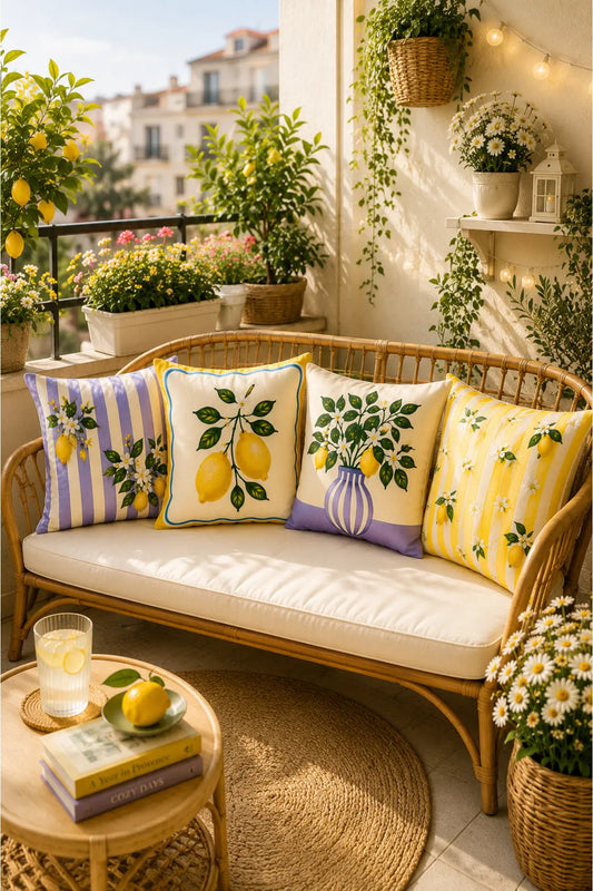 AYSHome Limon Desenli Modern Dekoratif Balkon Bahçe Ev 4'Lü Yastık Kılıfı Seti
