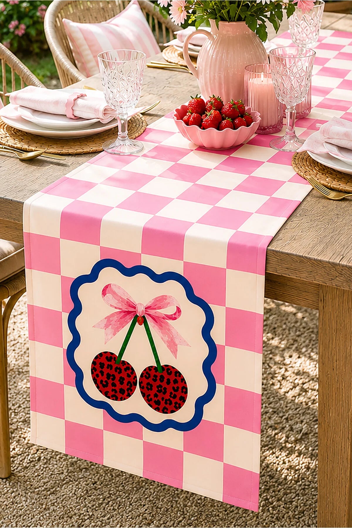 AYSHome Pembe Kareli Kiraz Desen Runner