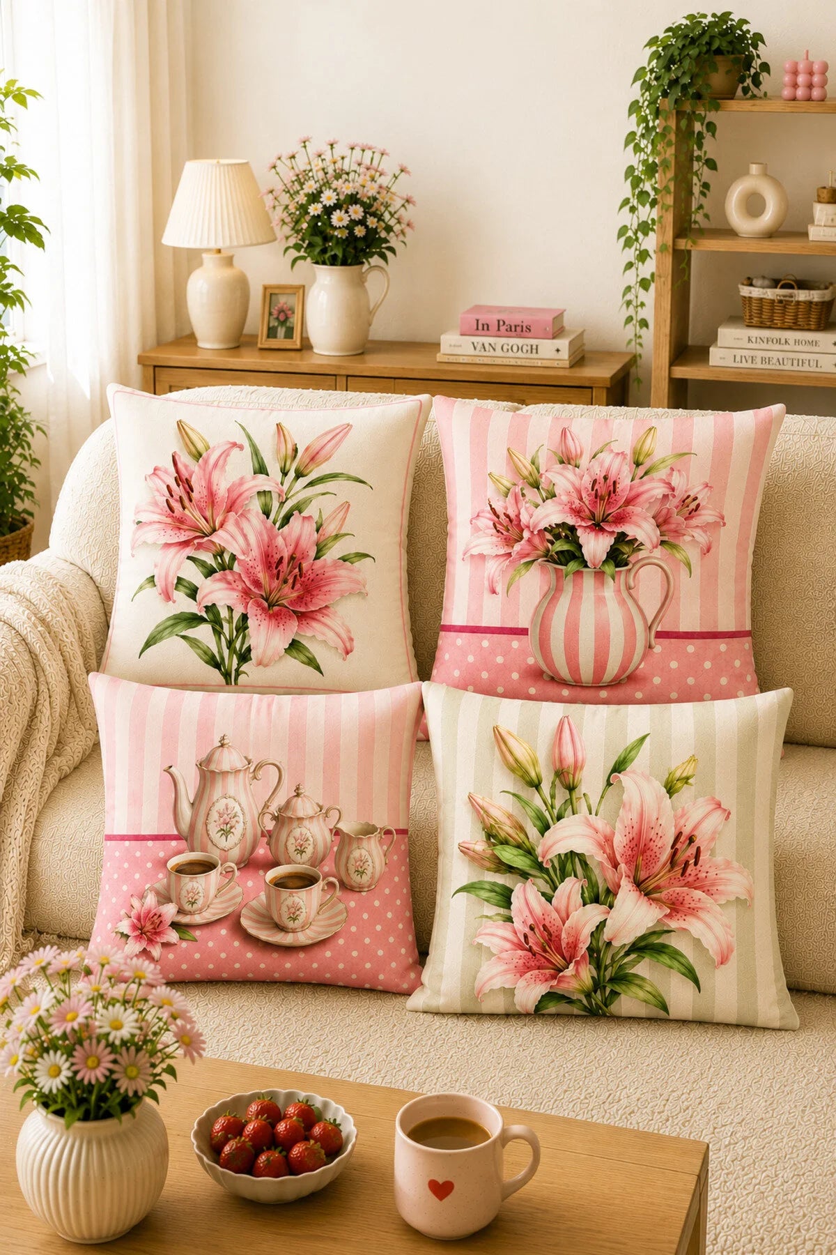 AYSHome Premium Retro Ev Bahçe Dekor Lilyum Desenli 4'Lü Kırlent Kılıfı Seti