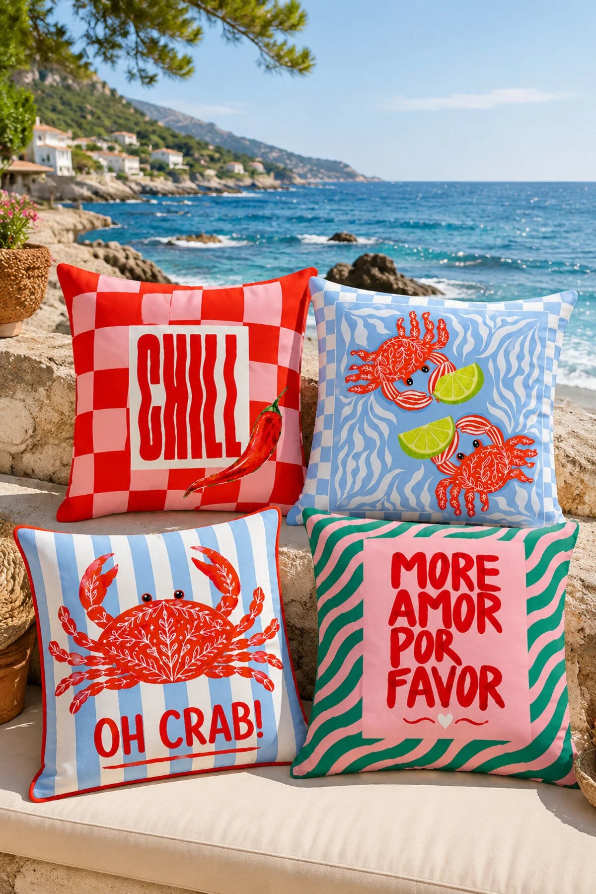 AYSHome Limonlu Yengeç 4'Lü Bahçe Ev Kırlent Kılıfı Seti